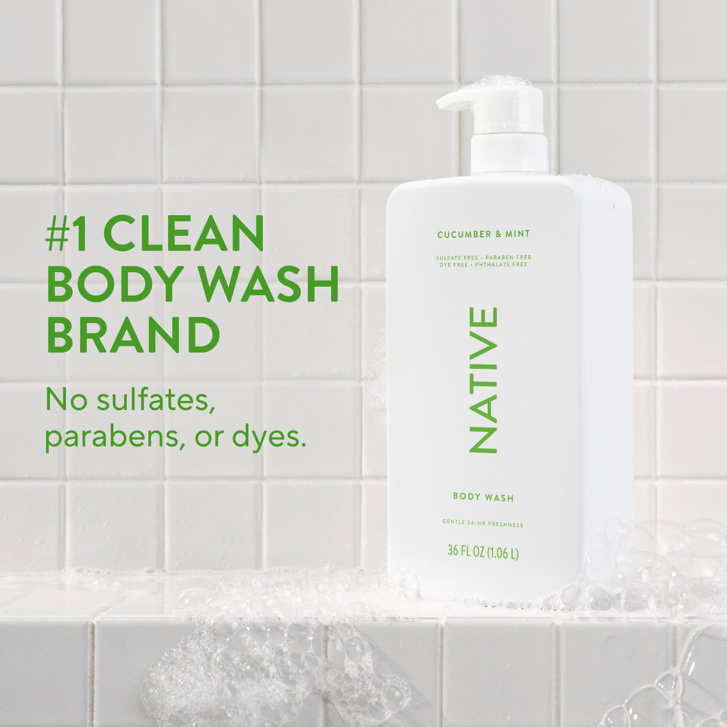 Native sulfate-free body wash bottle back label close-up detailing ingredients and suitability.