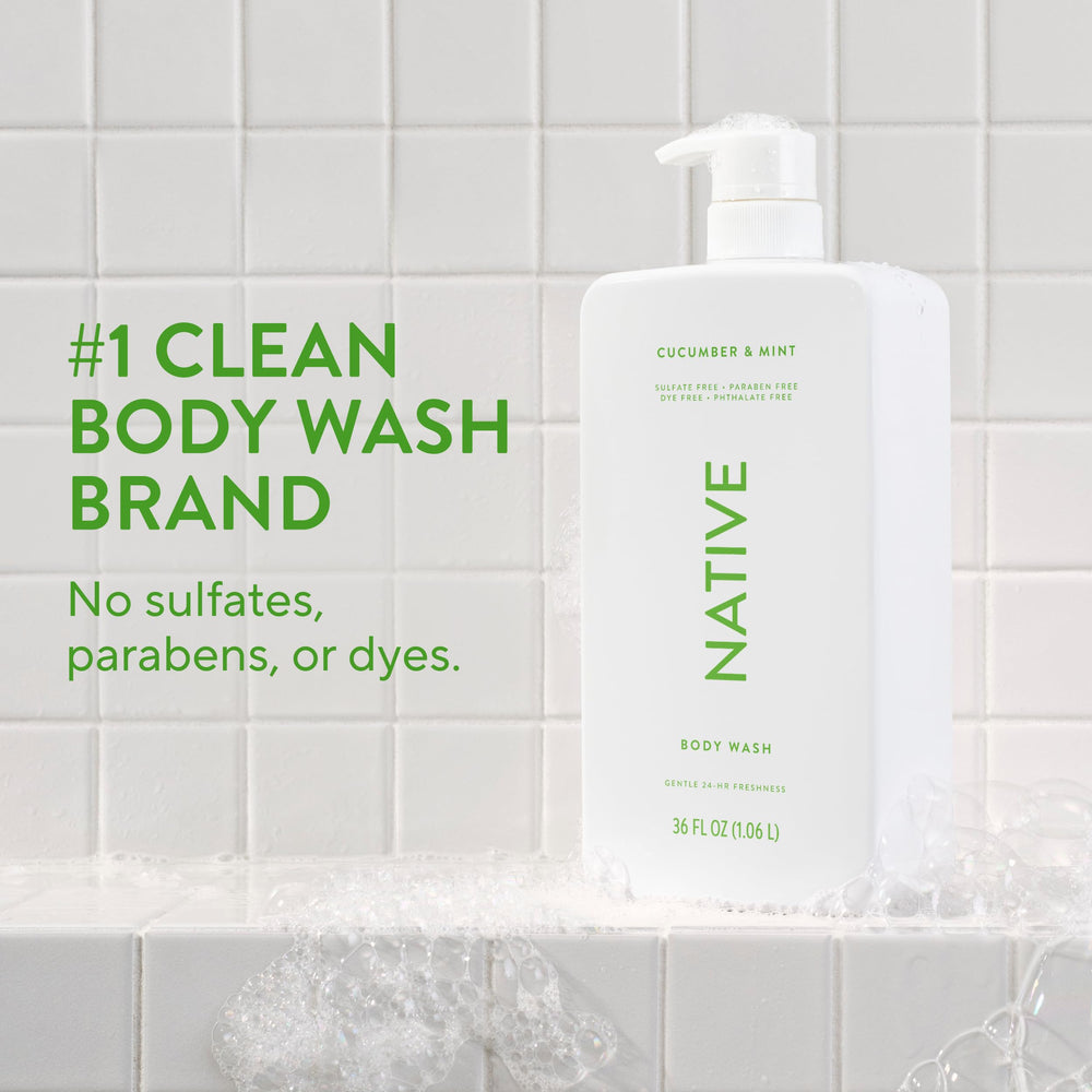 Native sulfate-free body wash bottle back label close-up detailing ingredients and suitability.