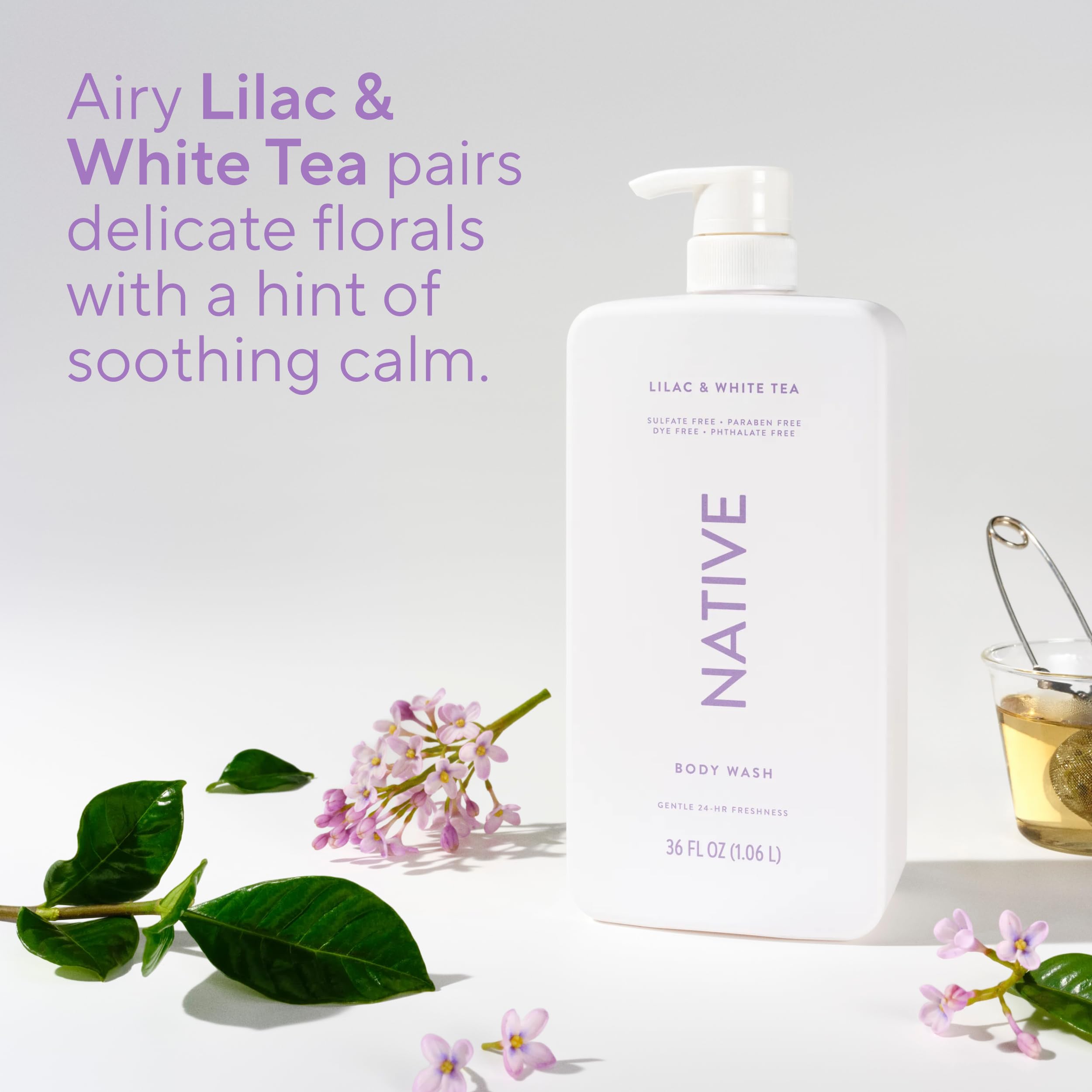 Native sulfate-free body wash label close-up emphasizes clean formula free from sulfates.