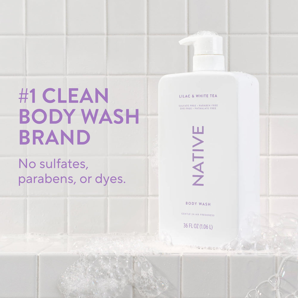 Native sulfate-free body wash lather close-up highlights plant-based cleansers for skin-friendly cleansing.