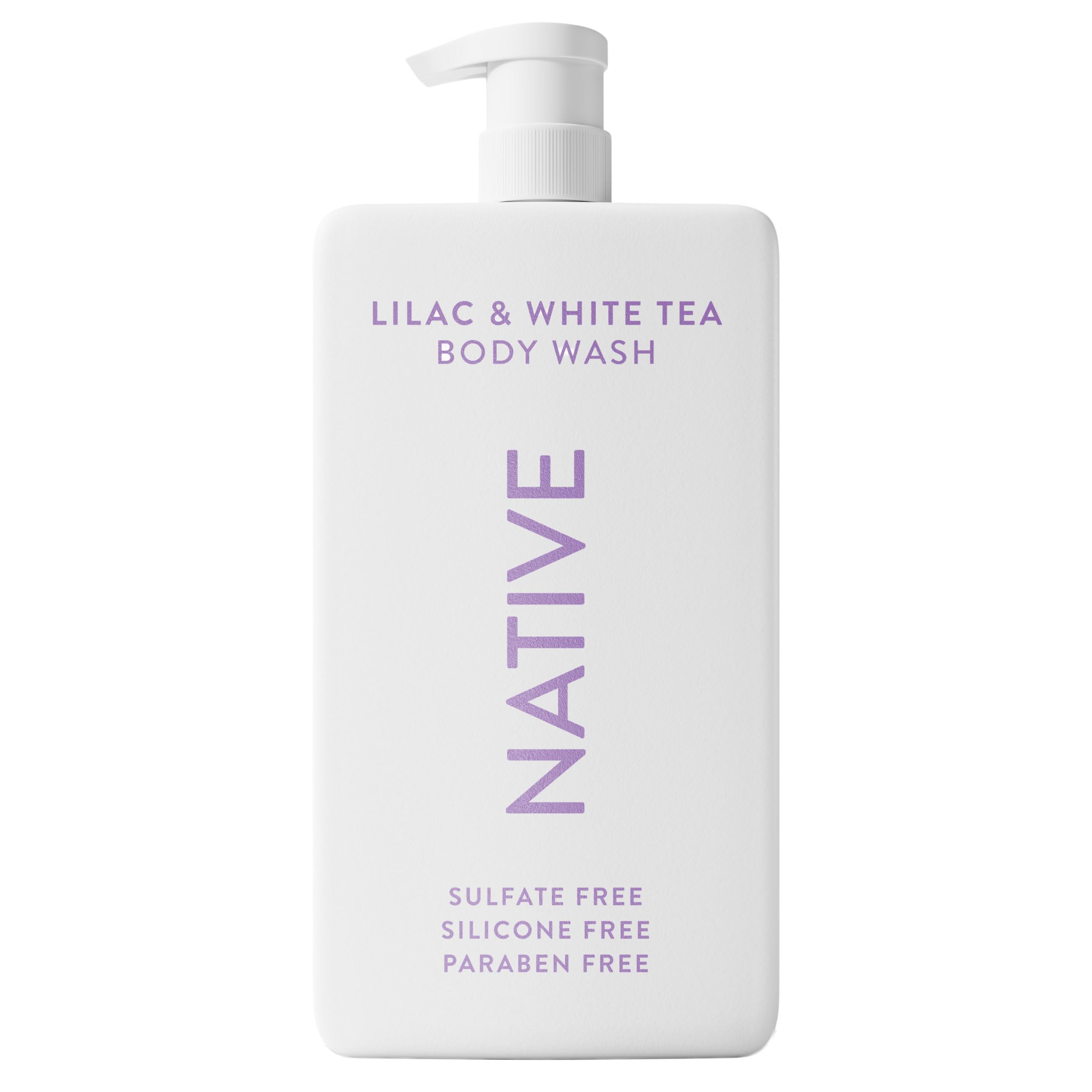 Native sulfate-free body wash bottle showcases lilac and white tea scent for daily cleansing.