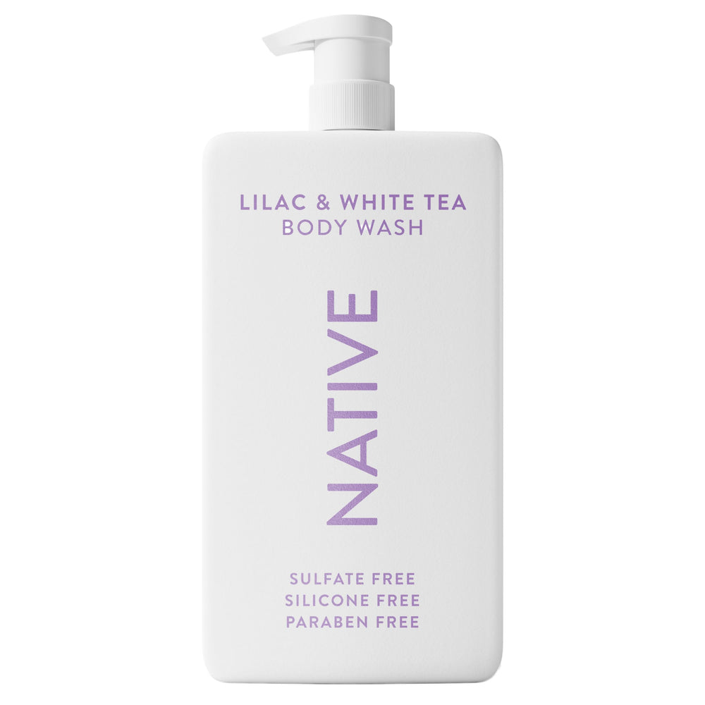 Native sulfate-free body wash bottle showcases lilac and white tea scent for daily cleansing.