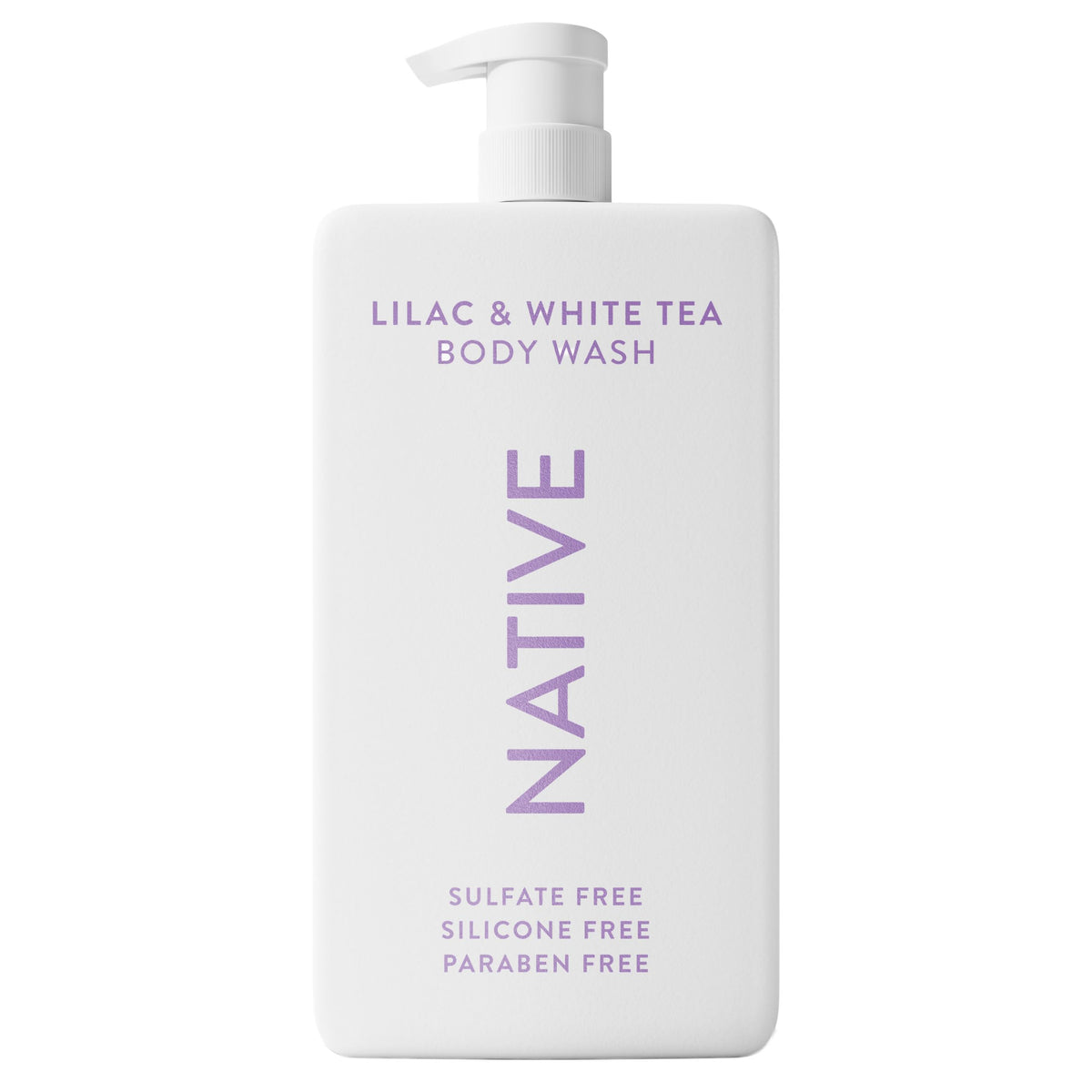 Native sulfate-free body wash bottle showcases lilac and white tea scent for daily cleansing.