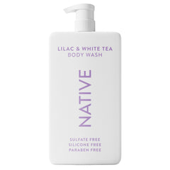 Native sulfate-free body wash bottle showcases lilac and white tea scent for daily cleansing.