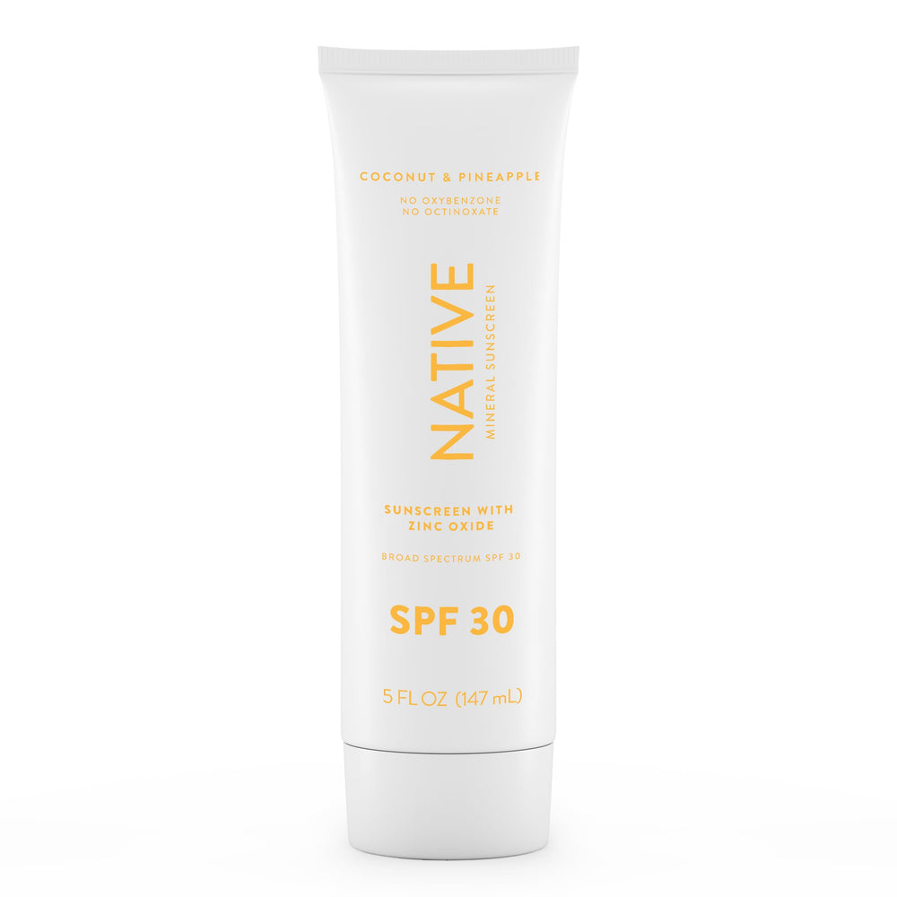 Native Sunscreen SPF 30 bottle with pineapple-coconut scent for daily protection.