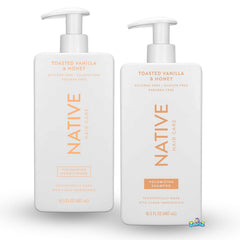 Native Toasted Vanilla & Honey shampoo bottle—nourishing cleanse for hydrated, shiny hair.