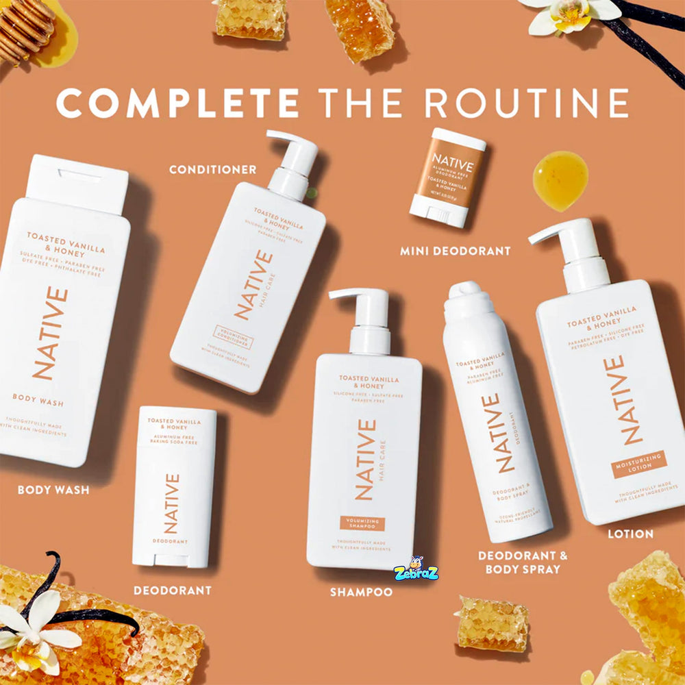 Amber-tinted native bottle hints at vanilla and honey scent for daily pampering.