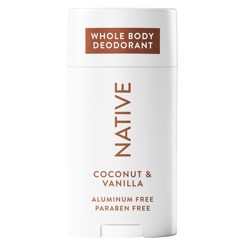 Native Whole Body Deodorant Stick Coconut Vanilla packshot highlights clean, natural ingredients for daily odor control
