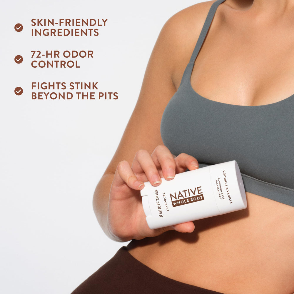 Native Whole Body Deodorant Stick naturally-derived ingredients deliver a clean, skin-friendly experience