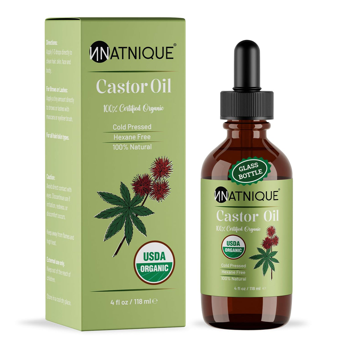 Natnique Castor Oil bottle showing pure organic formula for hair growth and skin moisture