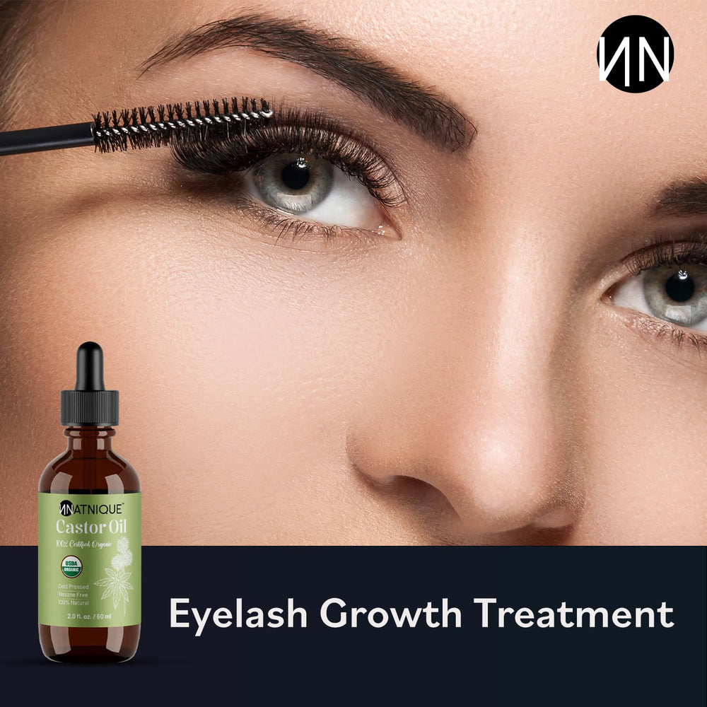 Natnique Castor Oil on eyelashes and eyebrows for natural enhancement.
