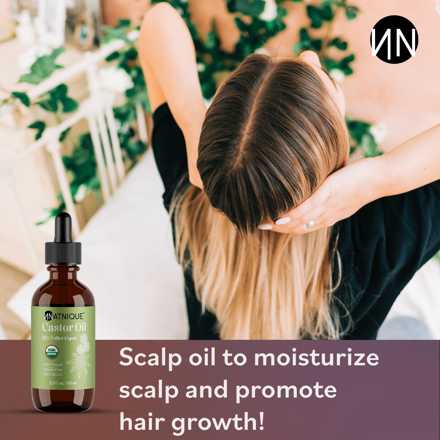 Natnique Castor Oil used on skin for moisture and glow.