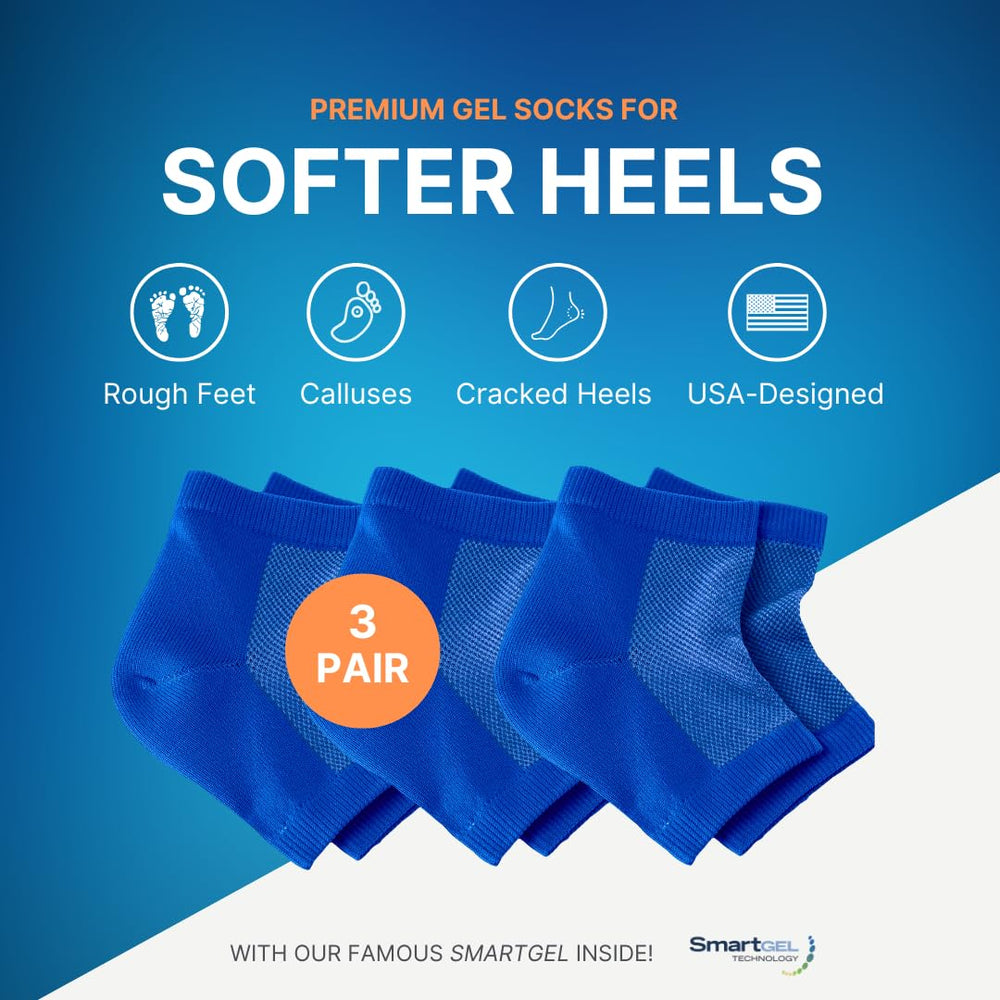 NatraCure heel sleeves on foot in royal blue for daily moisture.