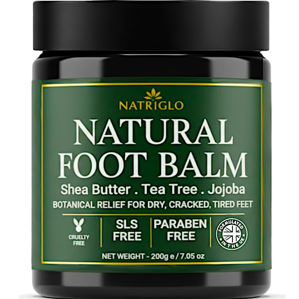 Natriglo tea tree foot balm jar for deep hydration and cracked heel repair.