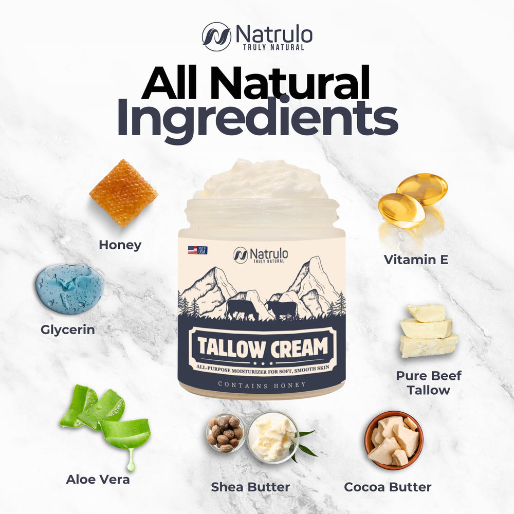 Natrulo Beef Tallow Cream organic beeswax components highlighted in the ingredient panel.