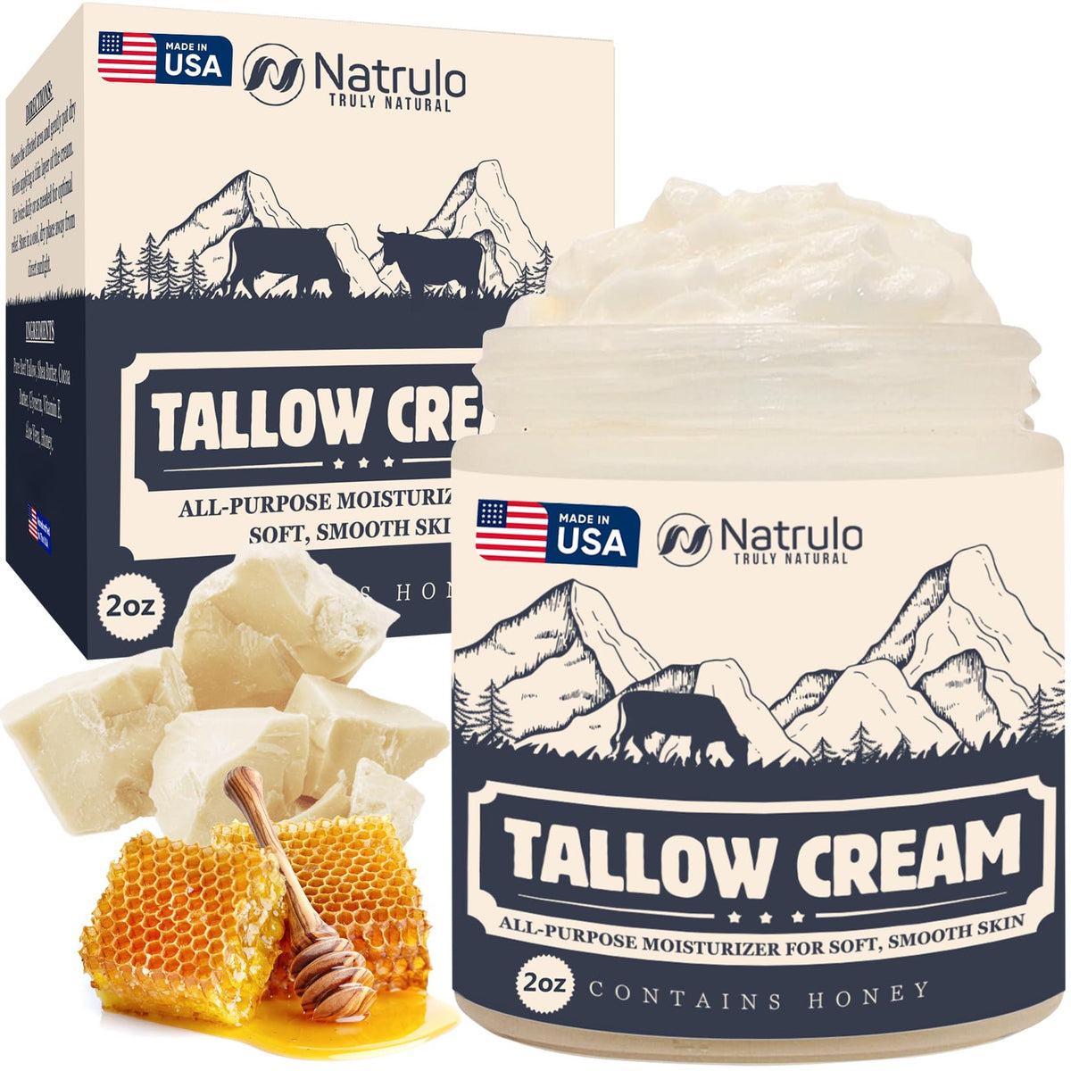 Natrulo Beef Tallow Cream tub close-up showing creamy texture for dry skin hydration.