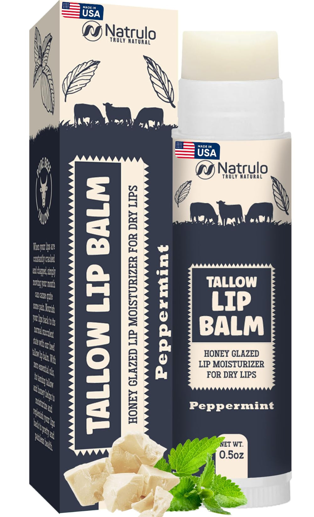 Natrulo beef tallow lip balm jar for deep hydration and velvety lips.