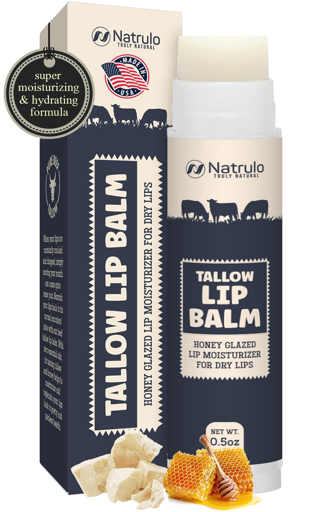 Natrulo beef tallow lip balm packaging showcases eco-friendly materials for a gentle lip care routine.