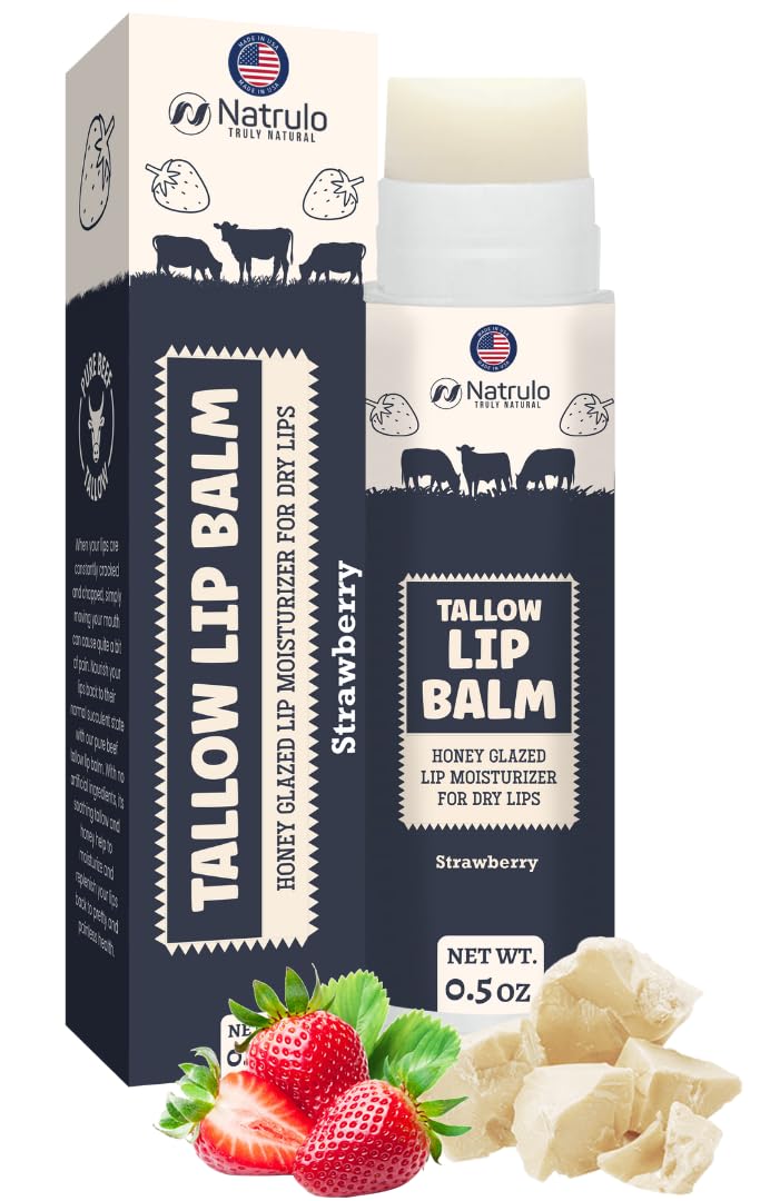 Natrulo beef tallow lip balm strawberry packaging offers hydrating lip care.