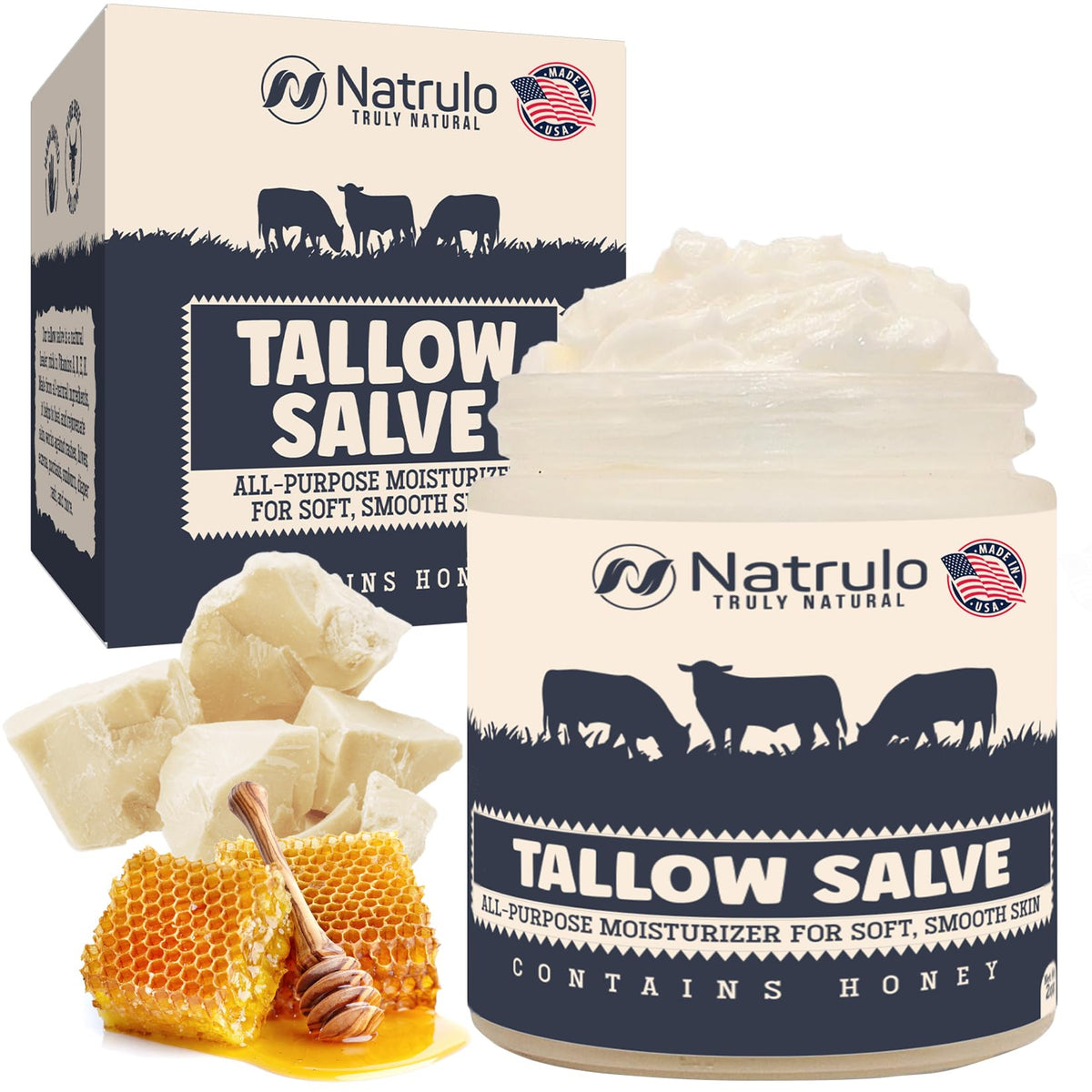 Natrulo Beef Tallow Salve bottle pour highlights rich moisture for versatile skin care