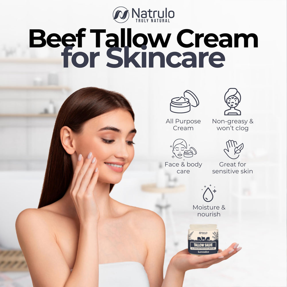 Natrulo Beef Tallow Salve jar closeup reveals creamy texture for daily use.
