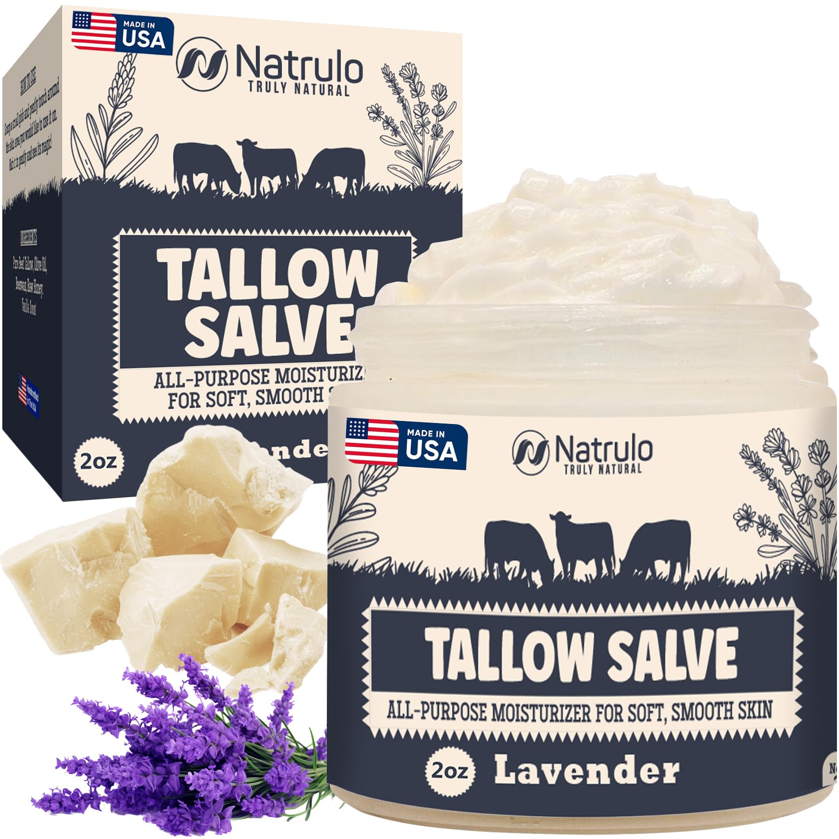Natrulo Beef Tallow Salve jar front with natural ingredients for dry skin.