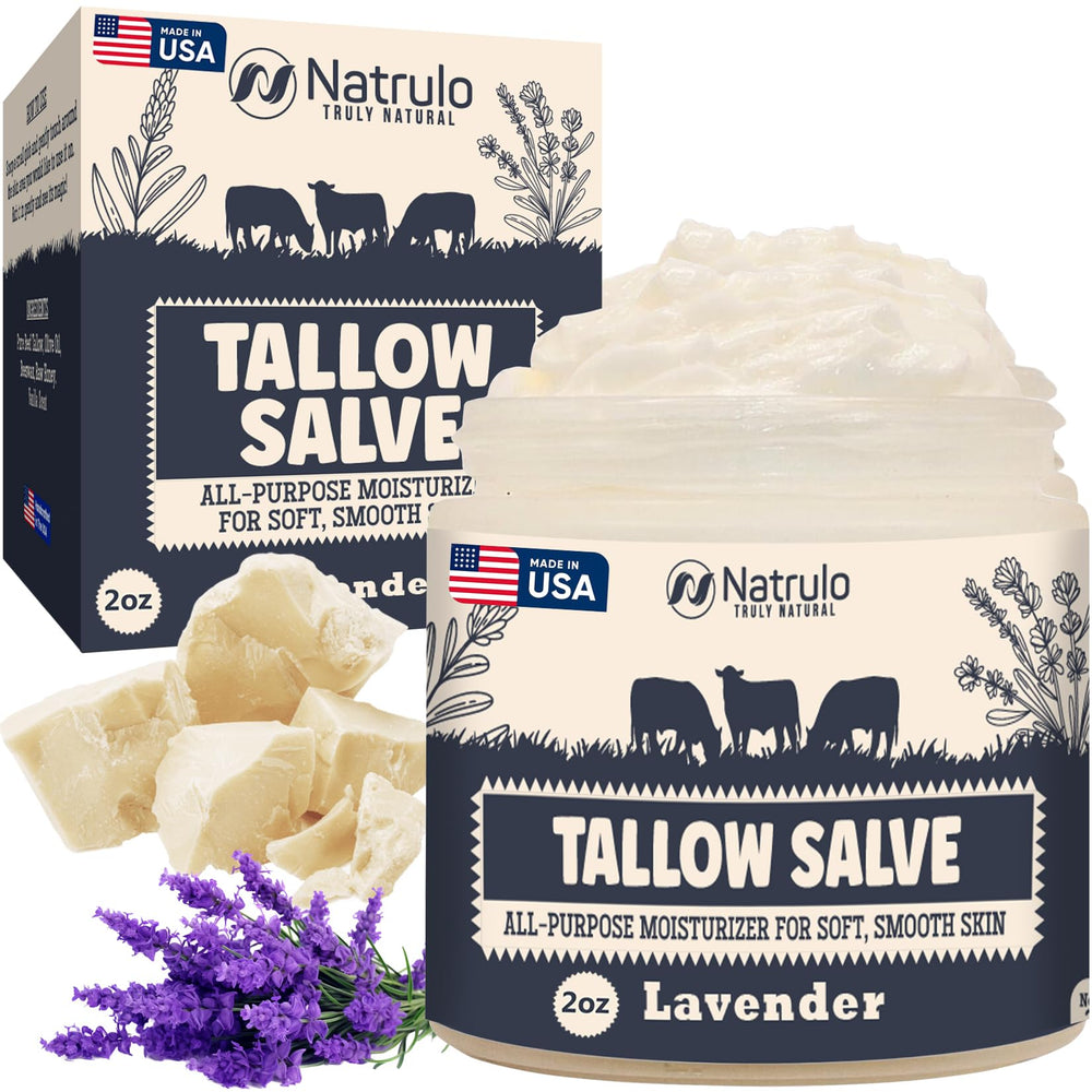 Natrulo Beef Tallow Salve jar front with natural ingredients for dry skin.