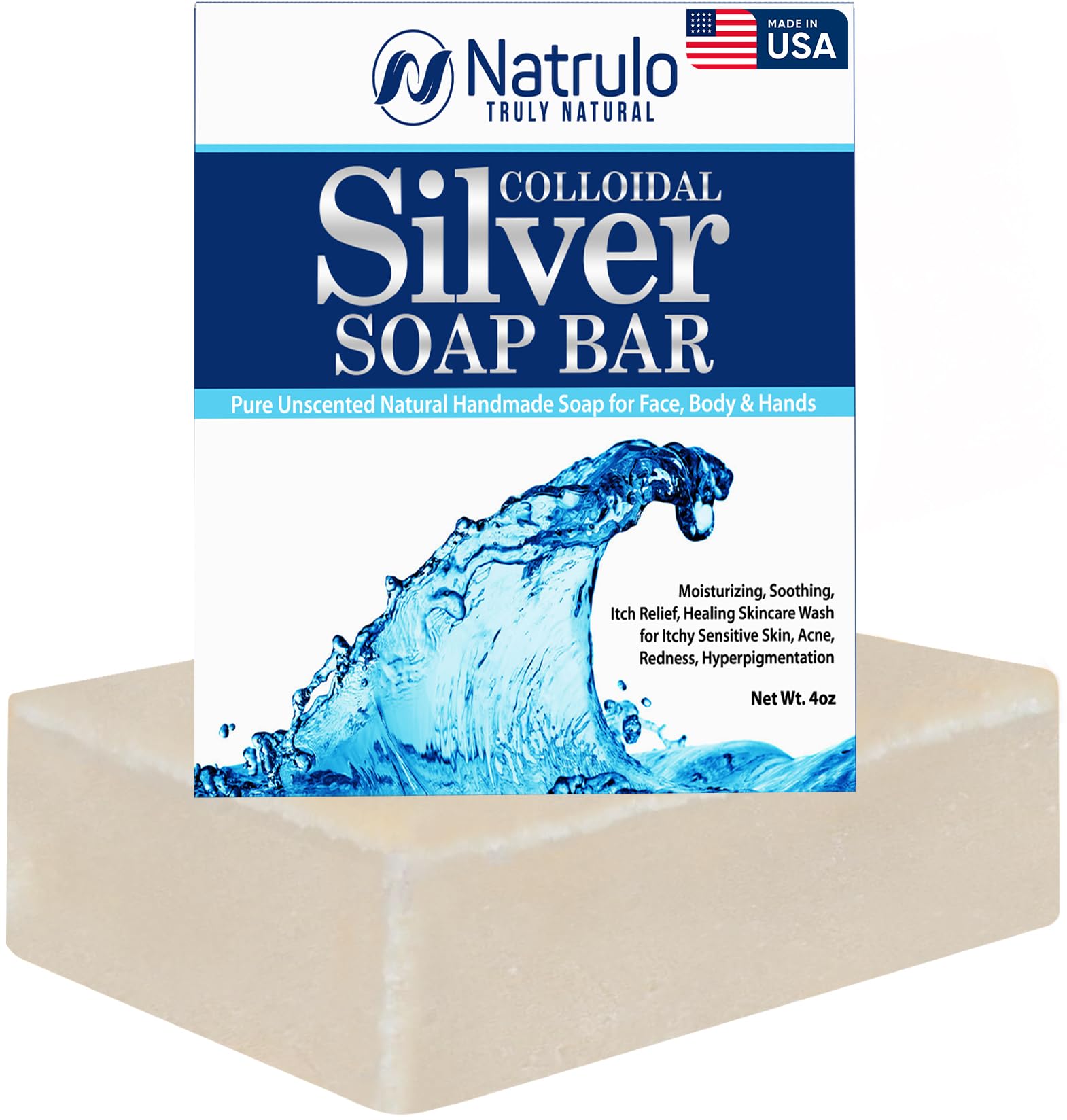 Natrulo Colloidal Silver Soap Bar unscented 4oz packshot for versatile cleansing