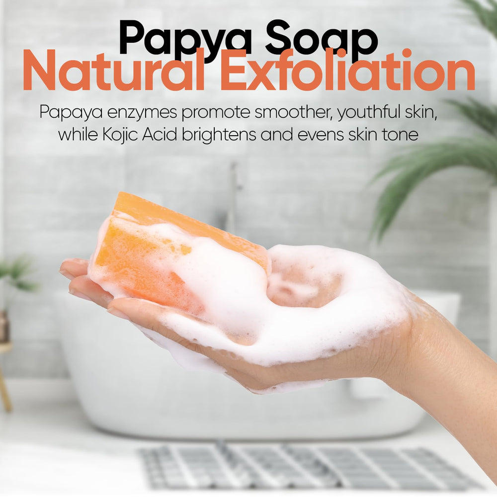 Natrulo Papaya Soap on bathroom shelf as part of daily cleansing routine.