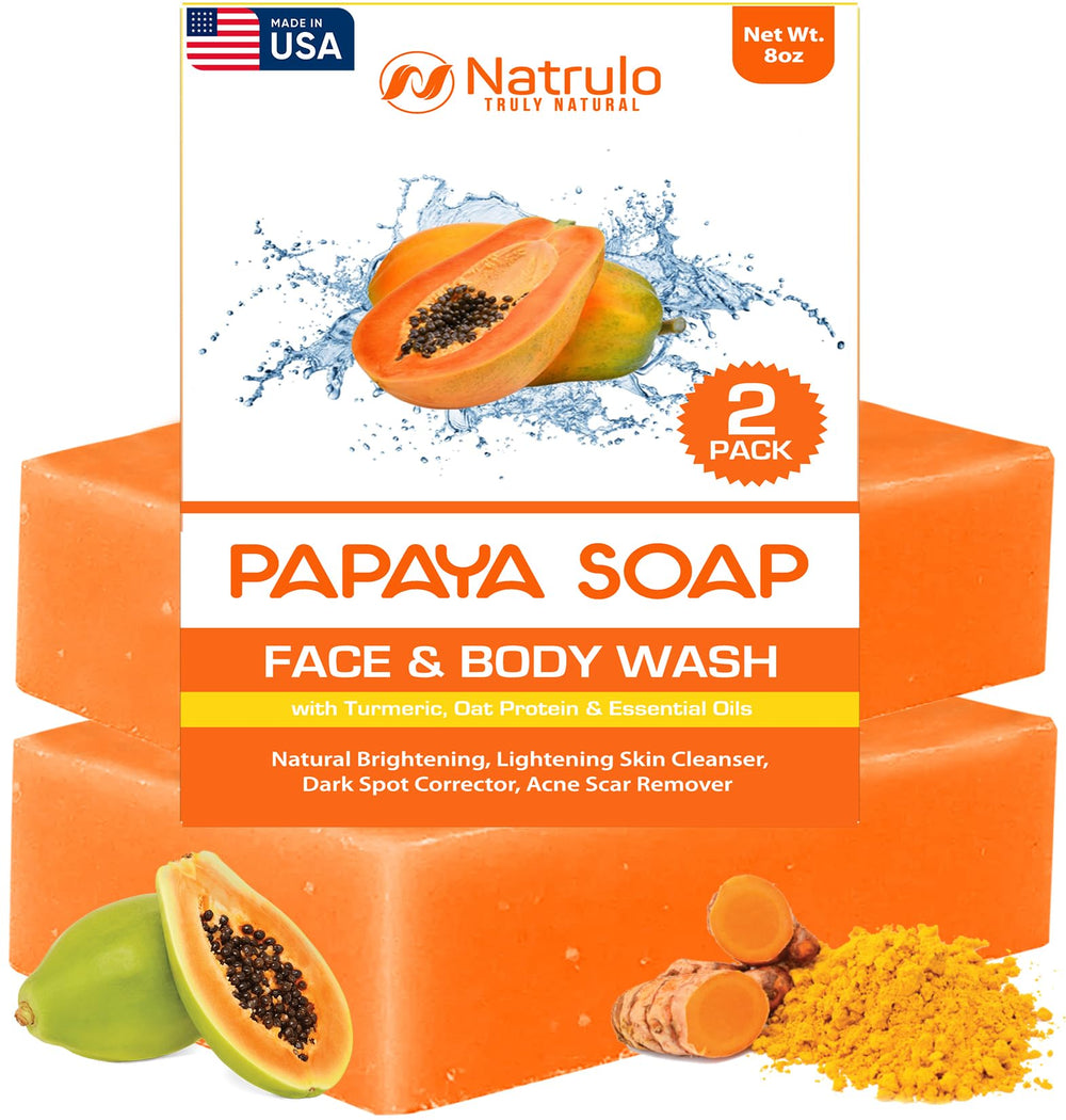 Natrulo Papaya Soap 2-pack packaging promoting a brightening skin routine.