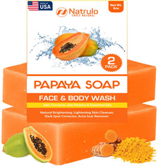 Natrulo Papaya Soap 2-pack packaging promoting a brightening skin routine.