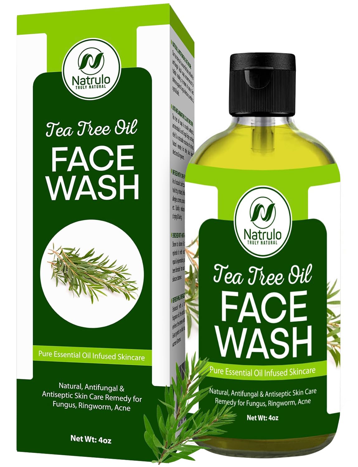 Natrulo Tea Tree Oil Face Wash bottle with 4oz for daily cleansing and skin balance.