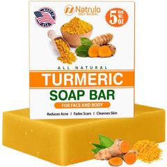 Natrulo turmeric soap bar closeup showing natural texture and color