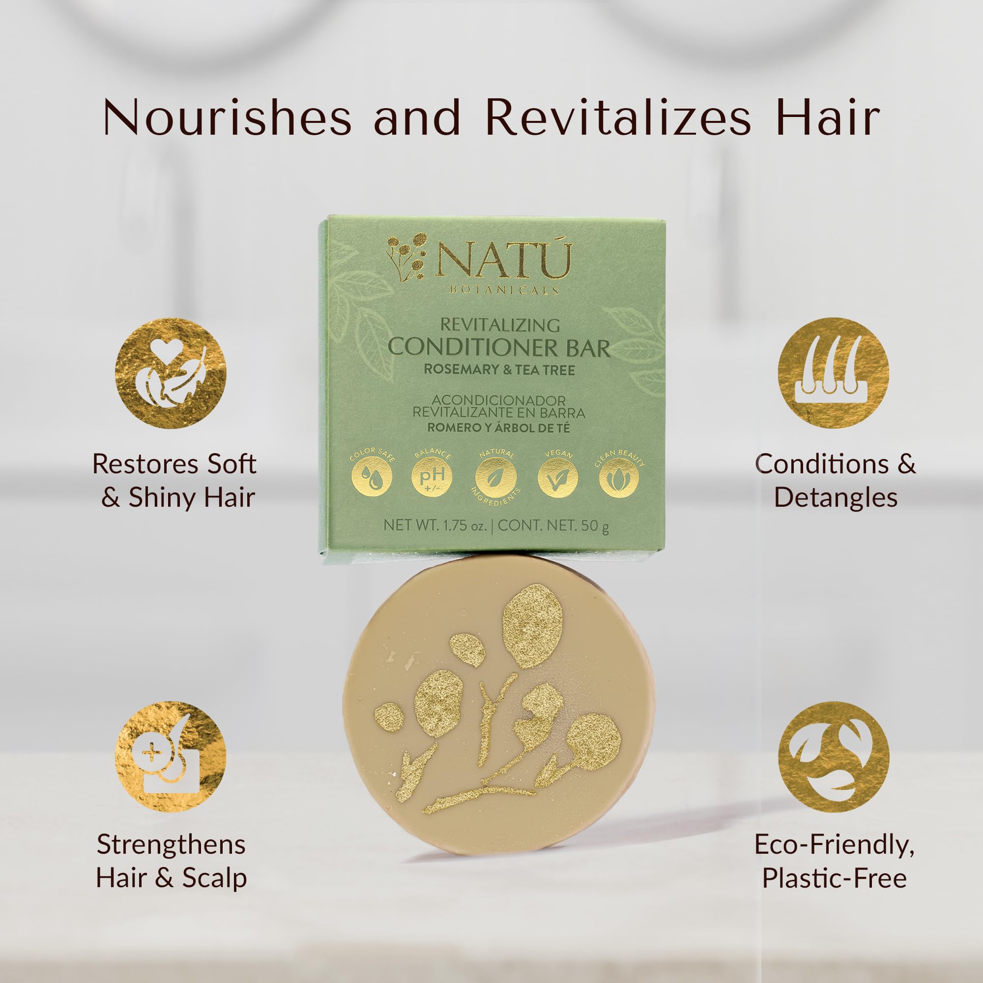 NATÚ BOTANICALS rosemary-tea-tree bar on wet hair illustrating detangling-friendly glide.
