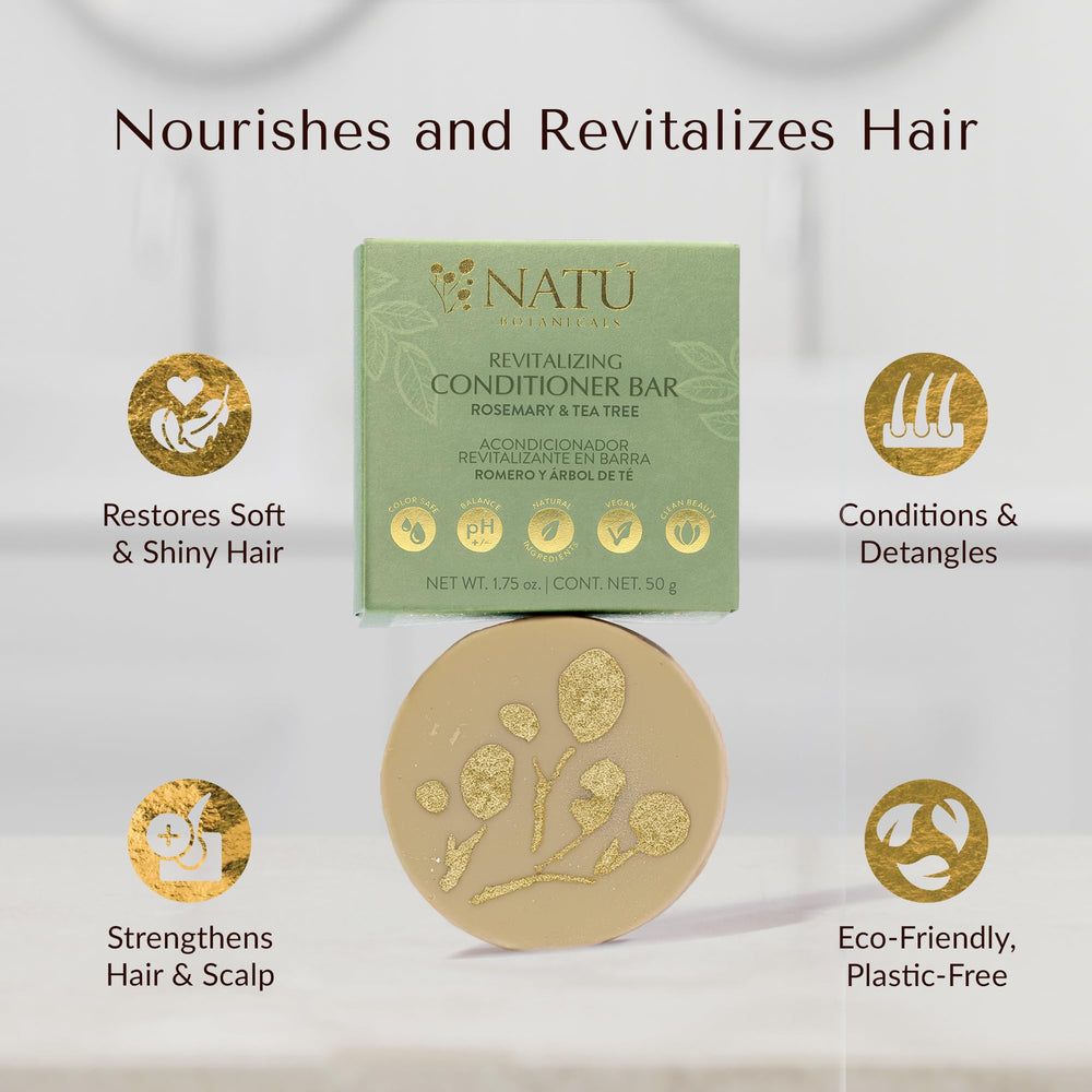 NATÚ BOTANICALS rosemary-tea-tree bar on wet hair illustrating detangling-friendly glide.