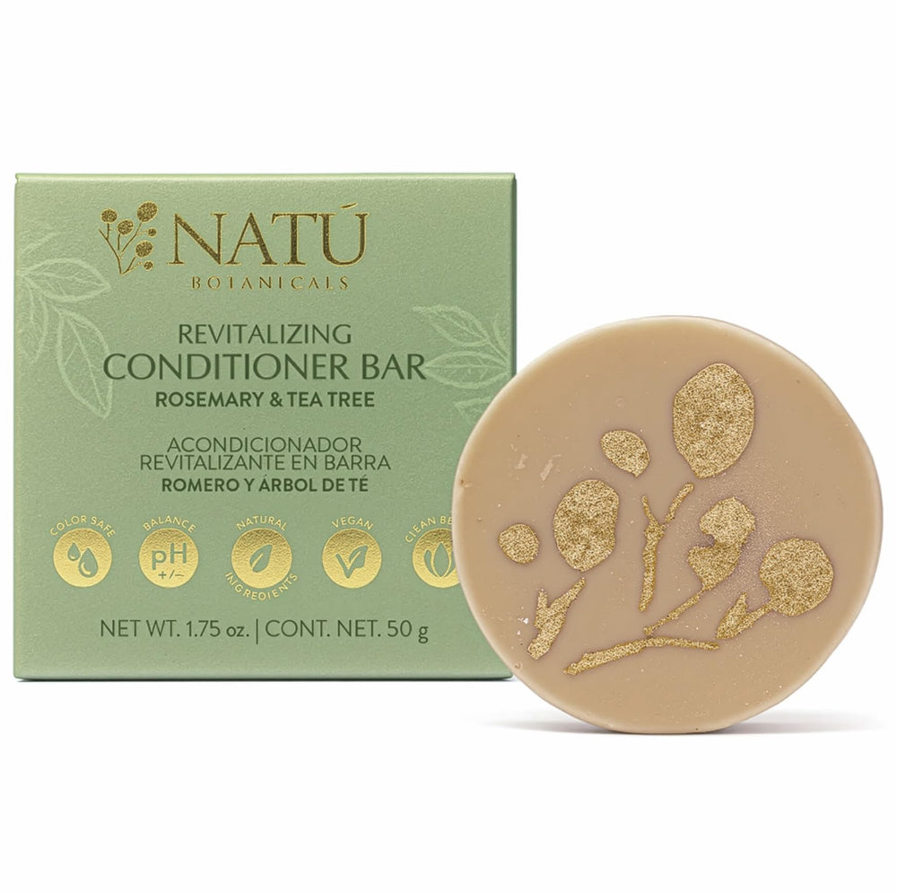 NATÚ BOTANICALS rosemary-tea-tree conditioner bar close-up showing lightweight hydration for dry hair.