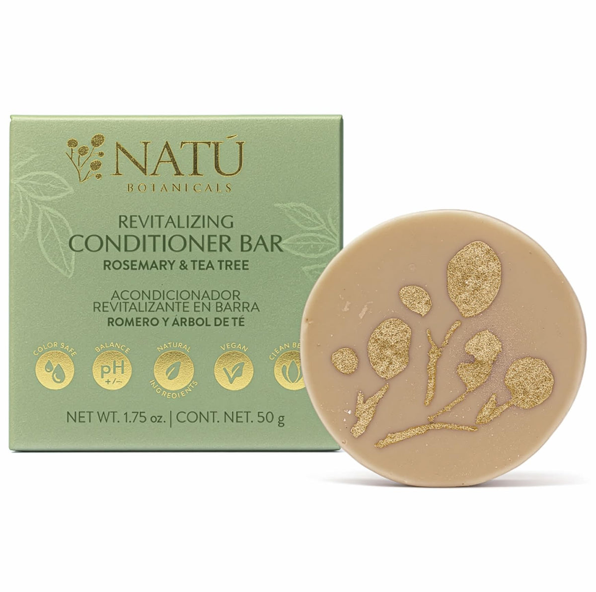 NATÚ BOTANICALS rosemary-tea-tree conditioner bar close-up showing lightweight hydration for dry hair.