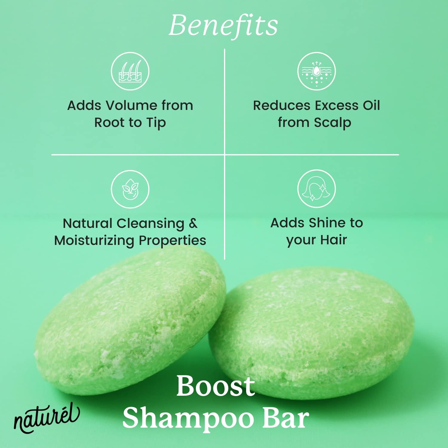 NATURÉL Boost Sea Salt visual emphasizes natural volumizing ingredient for fuller hair.