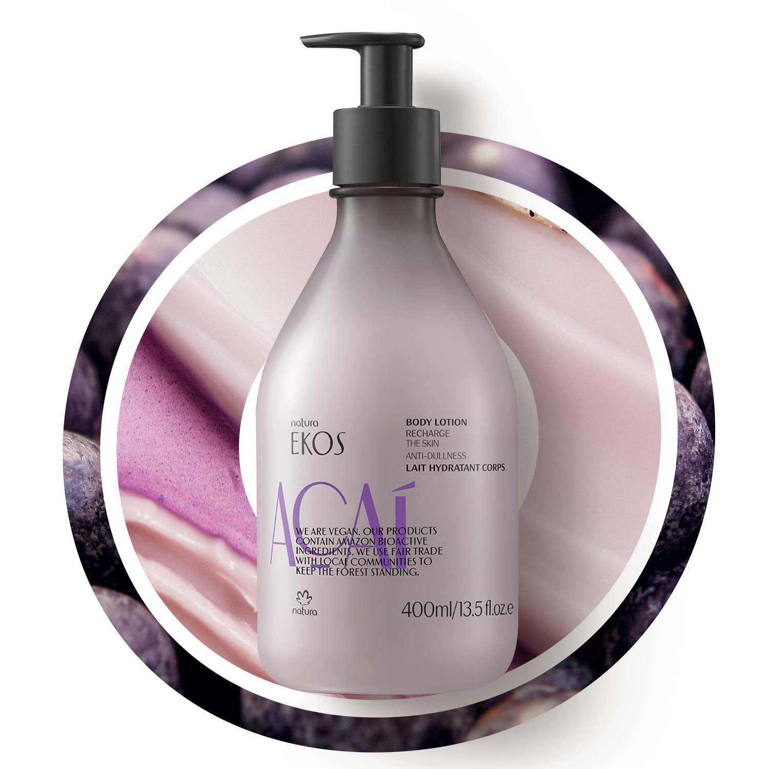 Natura Açaí Body Lotion bottle front showing sleek Brazilian design and hydration-ready formula