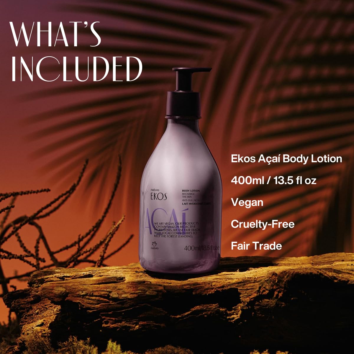 Back of Natura Açaí Body Lotion packaging with ingredients and vegan notes