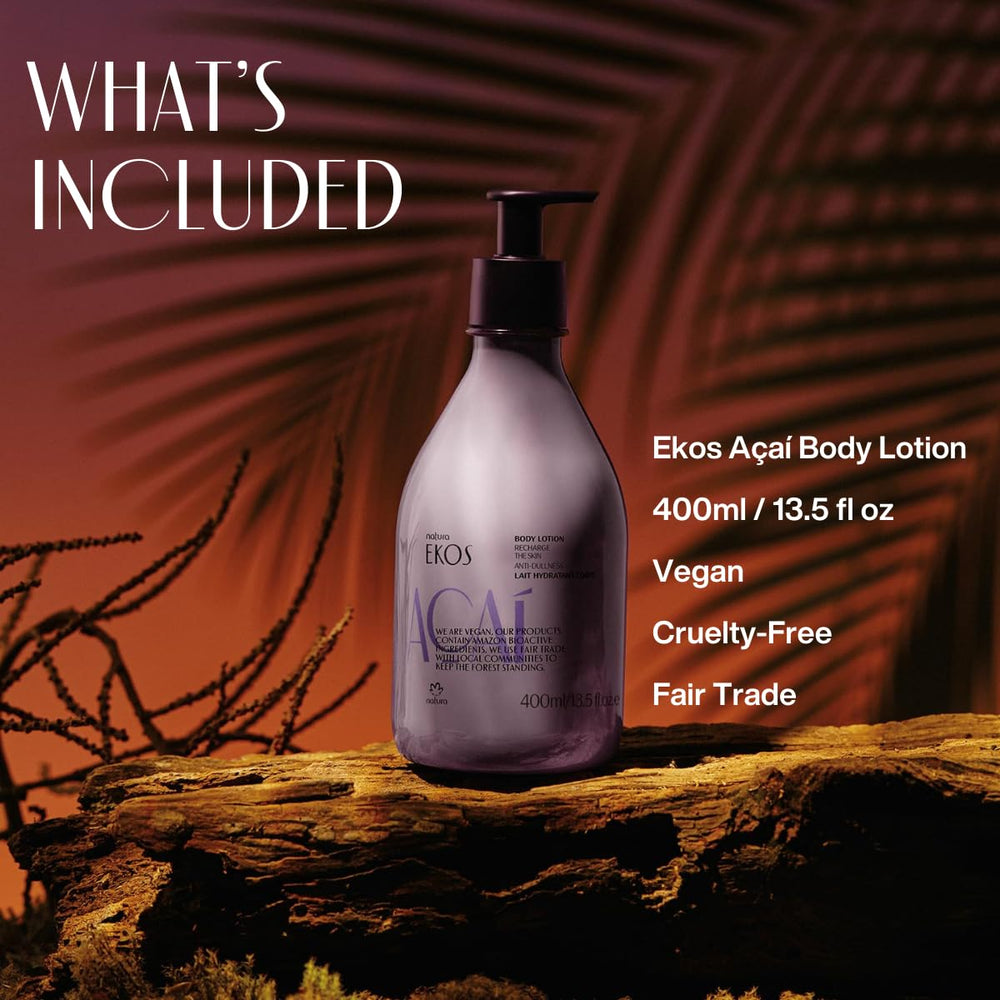 Back of Natura Açaí Body Lotion packaging with ingredients and vegan notes