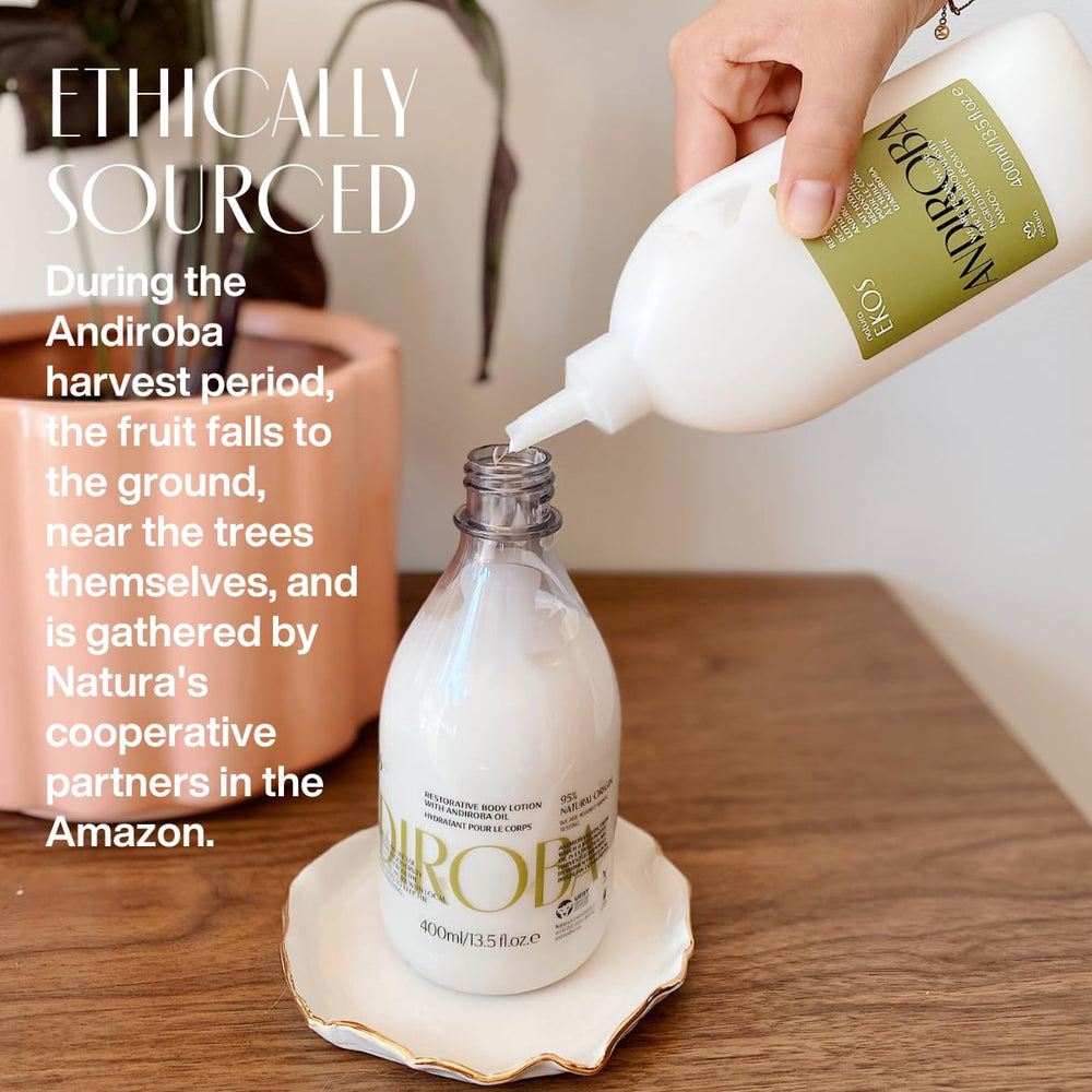Natura Ekos Andiroba sustainable harvest graphic communicates ethical sourcing.