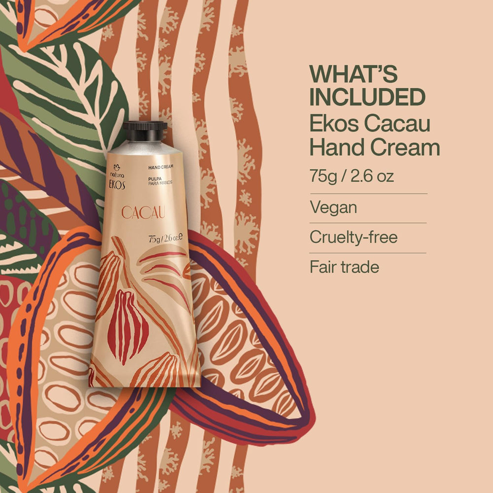 Natura Ekos Cacau butter close-up highlights creamy texture nourishing hands.