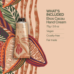 Natura Ekos Cacau butter close-up highlights creamy texture nourishing hands.