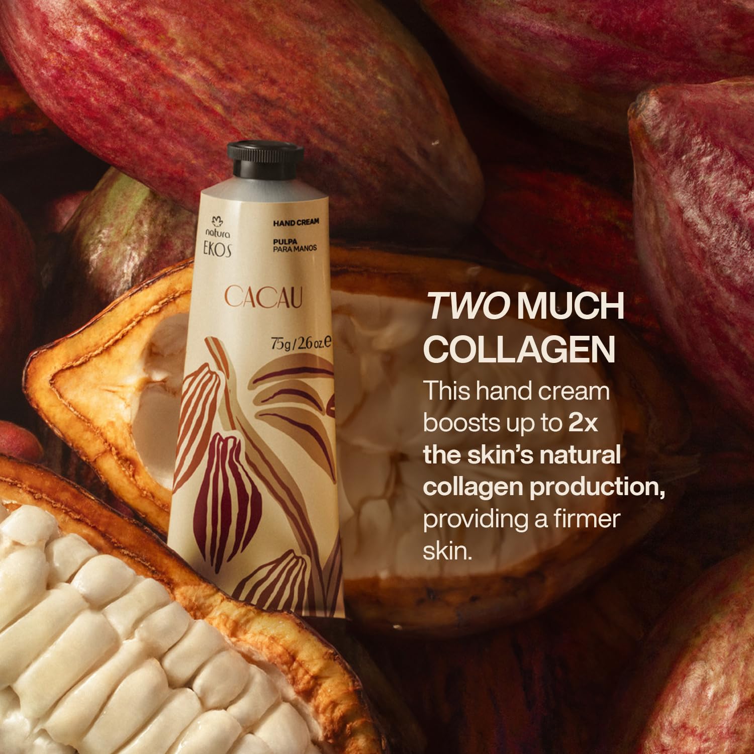 Natura Ekos Cacau hand cream in application pose delivers quick hydration for everyday use.