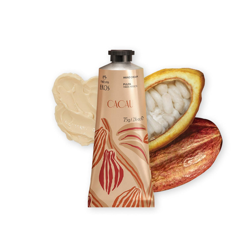 Natura Ekos Cacau hand cream front tube shows rich cocoa butter for dry hands.