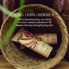 Natura Ekos Cacau hand cream on nails and cuticles for healthier-looking hands.