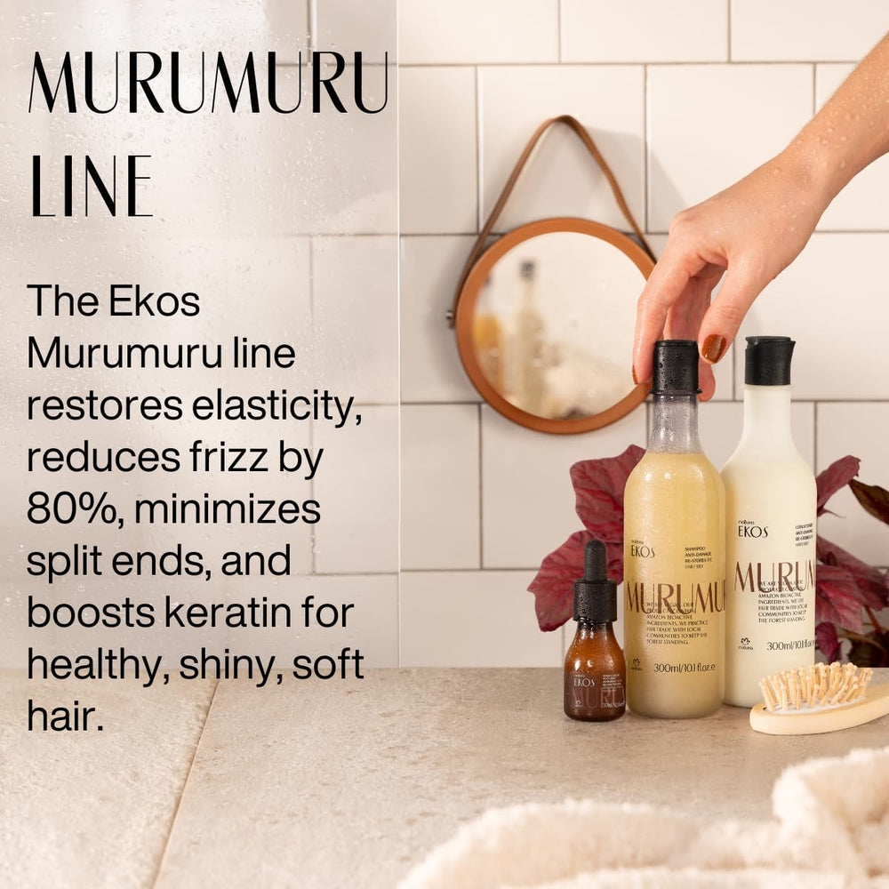 Natura Ekos Murumuru packaging with heat protection claim suggesting shield from styling damage