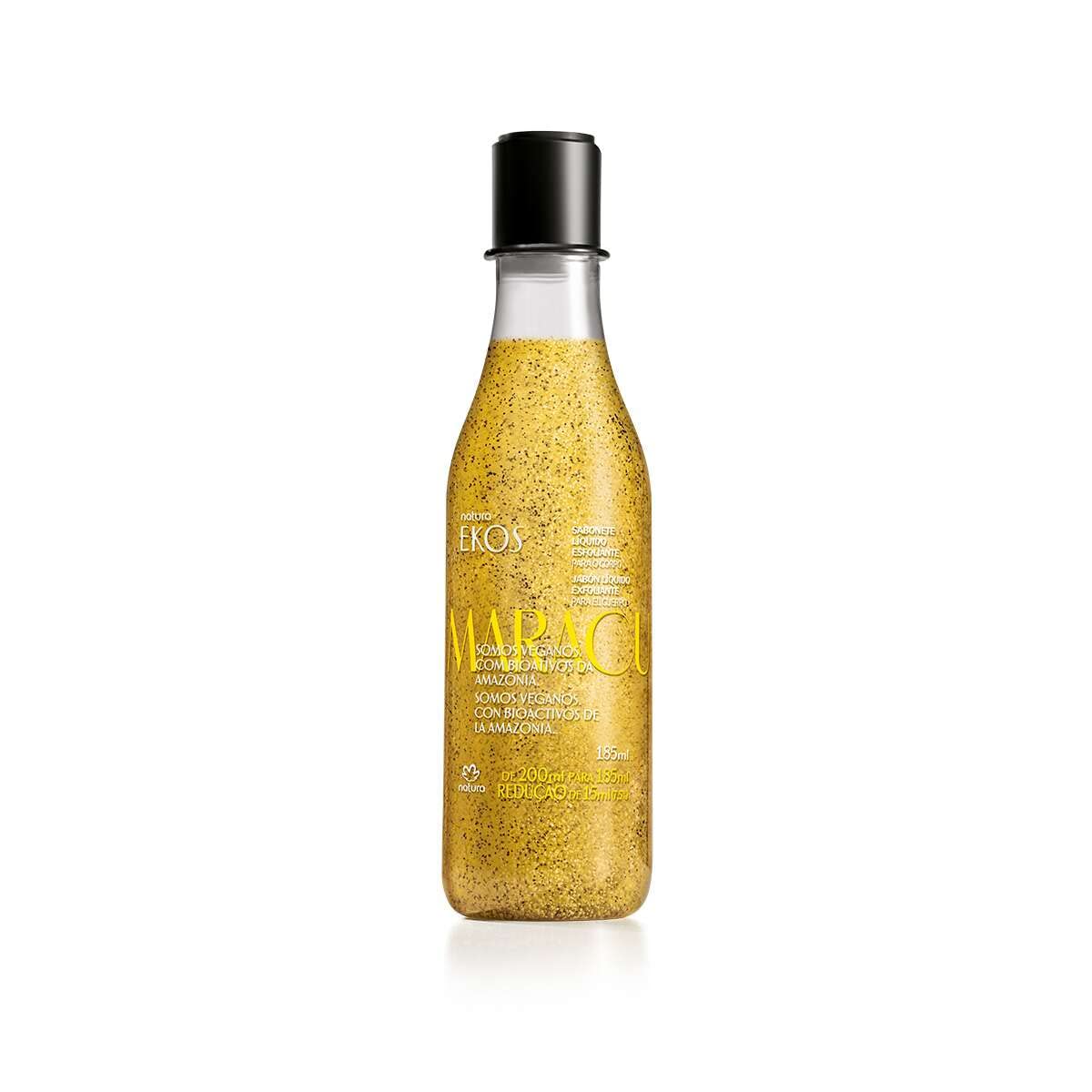 Natura Passion Fruit exfoliating shower gel bottle shows natural exfoliation for smoother skin.