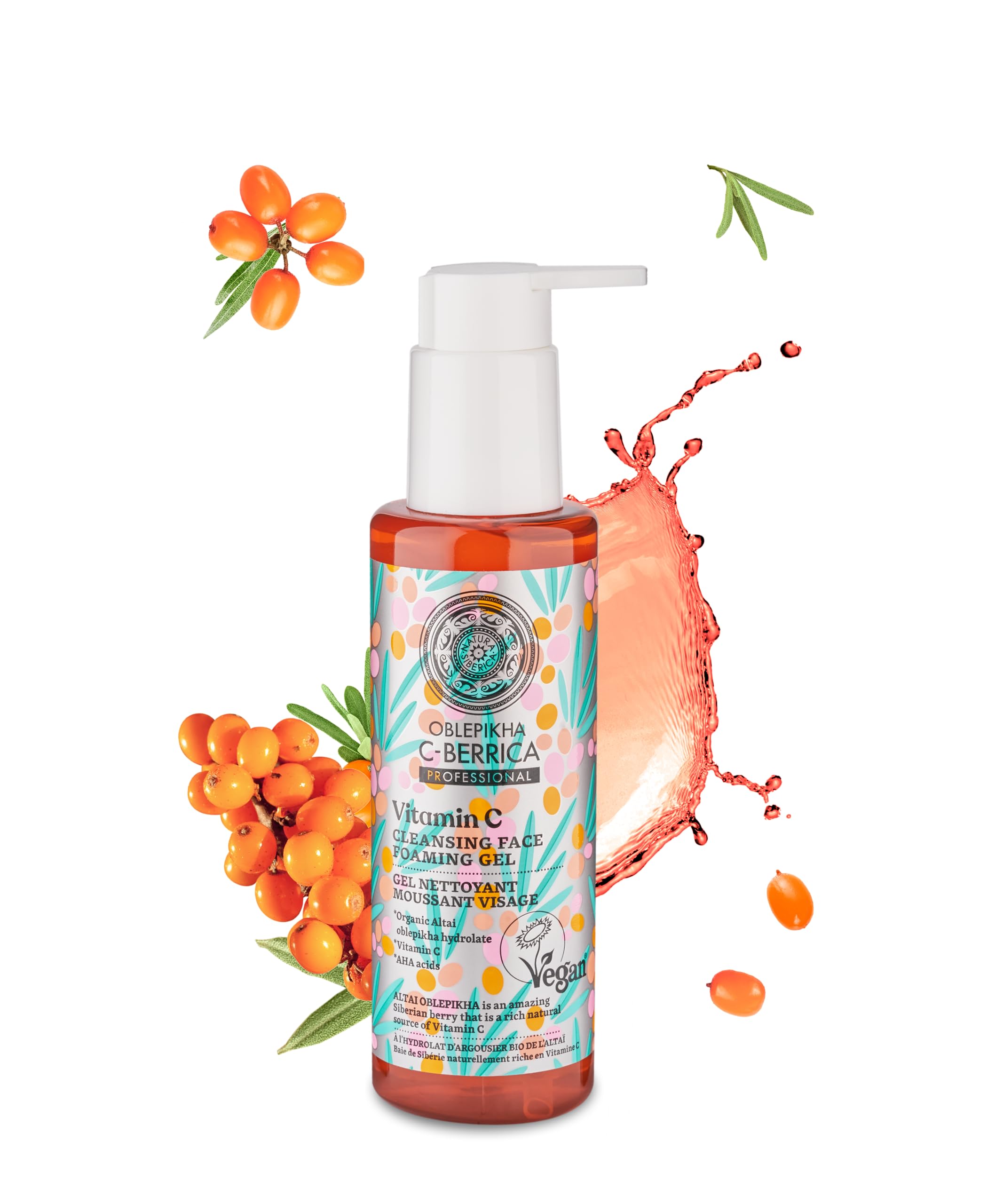C-Berrica foaming gel texture close-up shows gentle lather and soothing skincare feel.